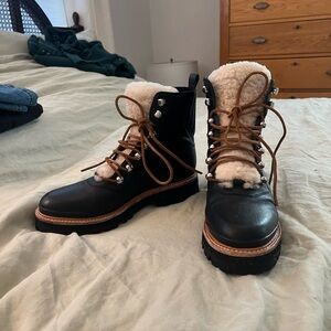 Marc Fisher Black and Tan Leather Shearling Boots